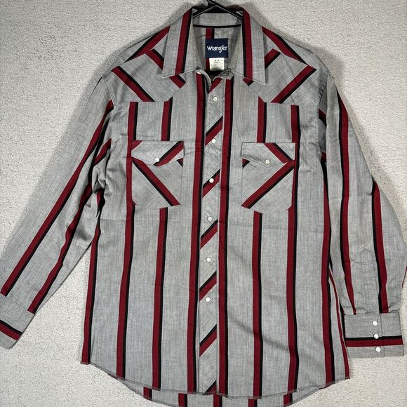 Vintage Wrangler Pearl Snap Shirt Men’s Size 16-34 Stripes Grey Red Cowboy Cut - Picture 2 of 10